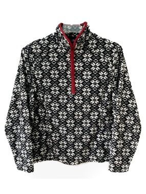 Lands’ End Snowflake Print Quarter Zip Long Sleeve Fleece Jacket Black White Red